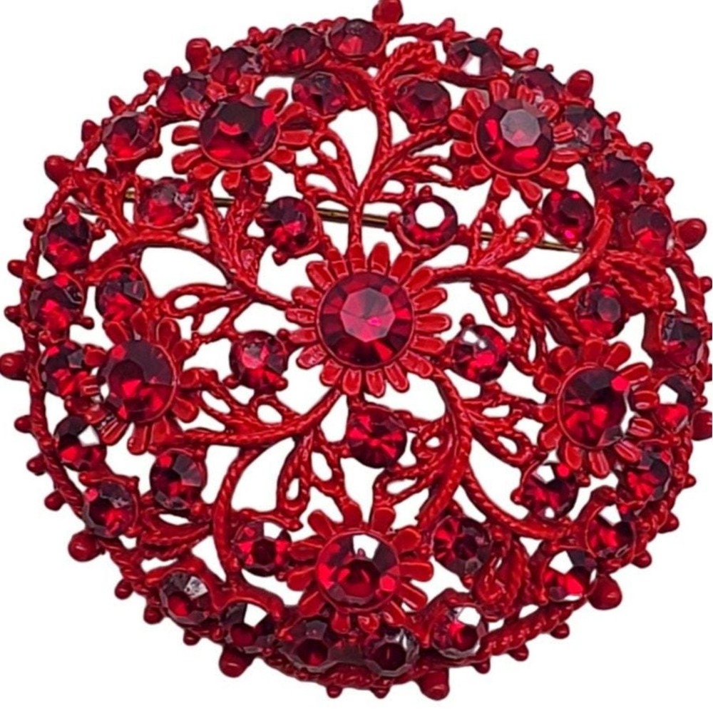 Vintage Red Rhinestone Dome Brooch Enamel Flower Metal Pin Circle Cluster 2 3/8"